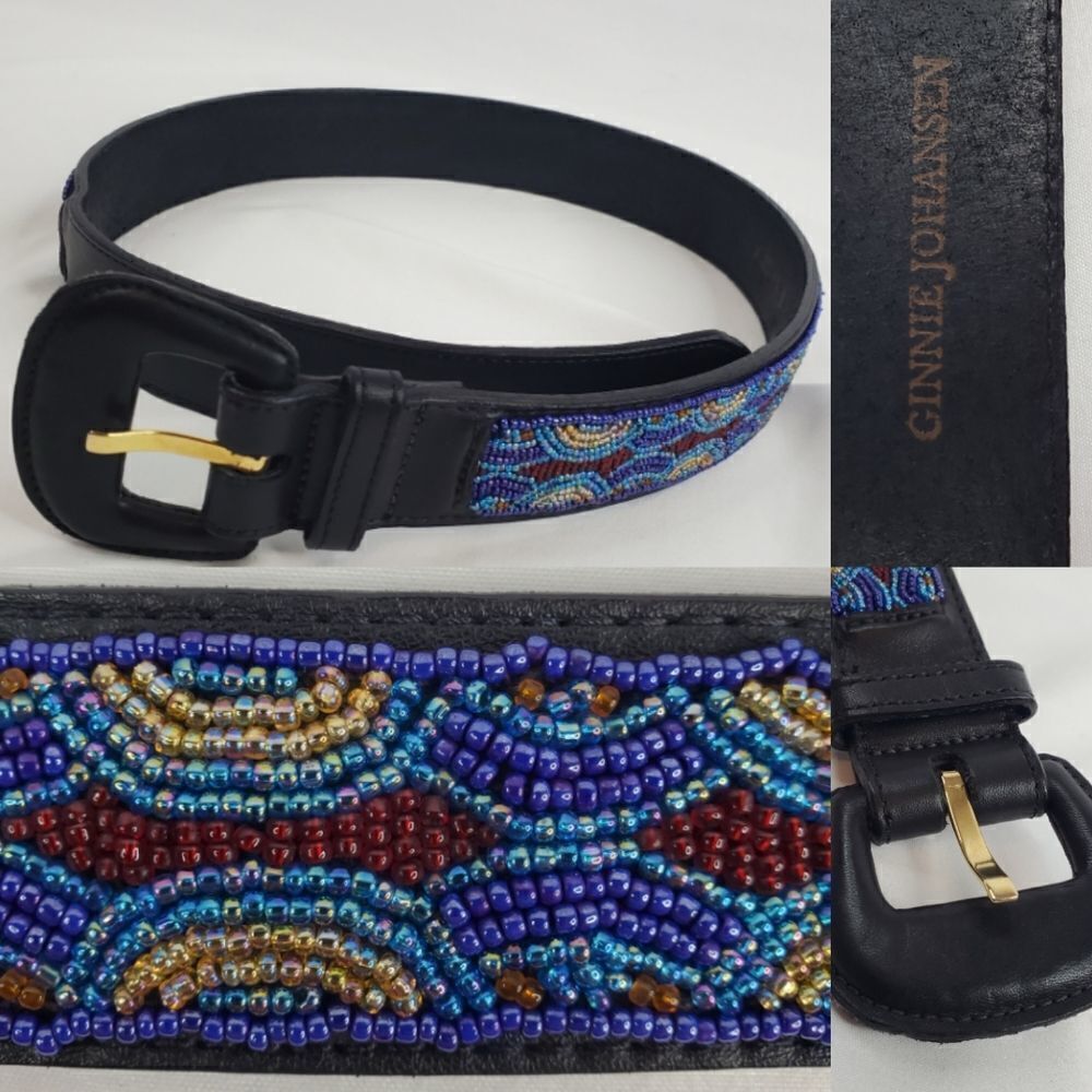 GINNIE JOHANSEN Leather Beaded women's belt black blue red 26 27 28 29 30 LK NEW